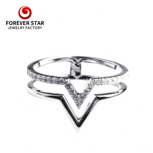 Silver CZ Jewelry Double V Shape Finger Ring